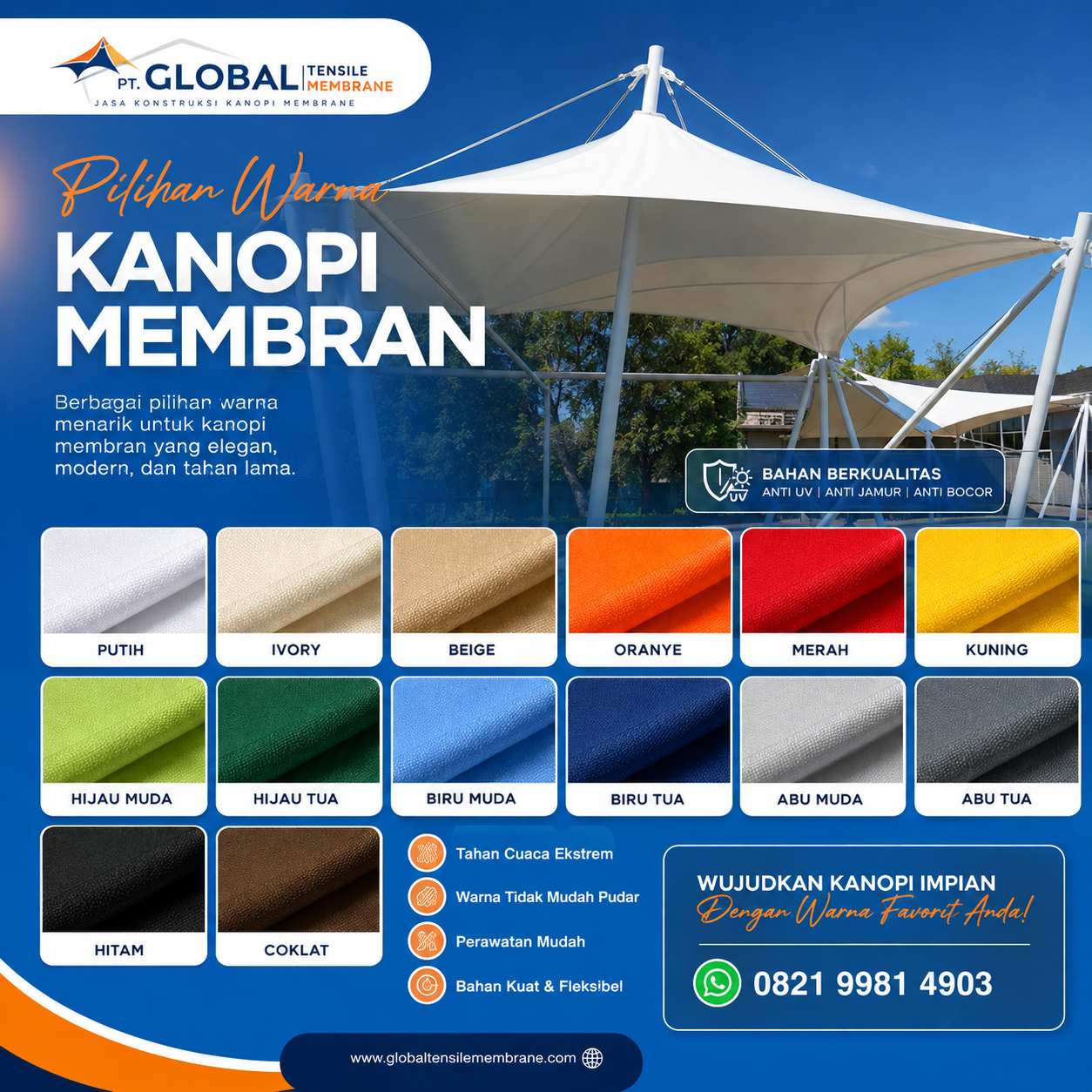 Warna kanopi membran modern untuk hunian