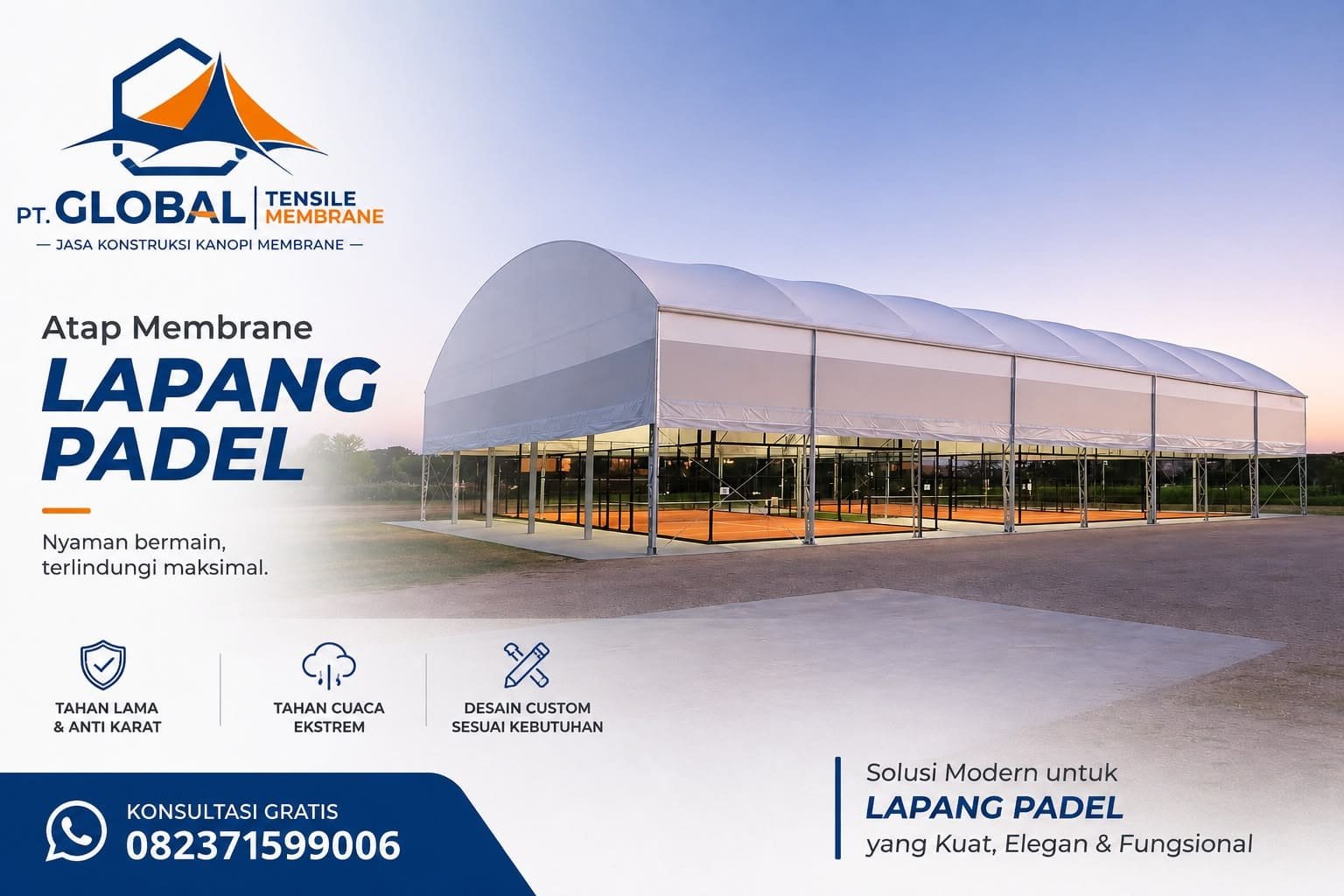 Struktur atap tarik untuk lapangan padel