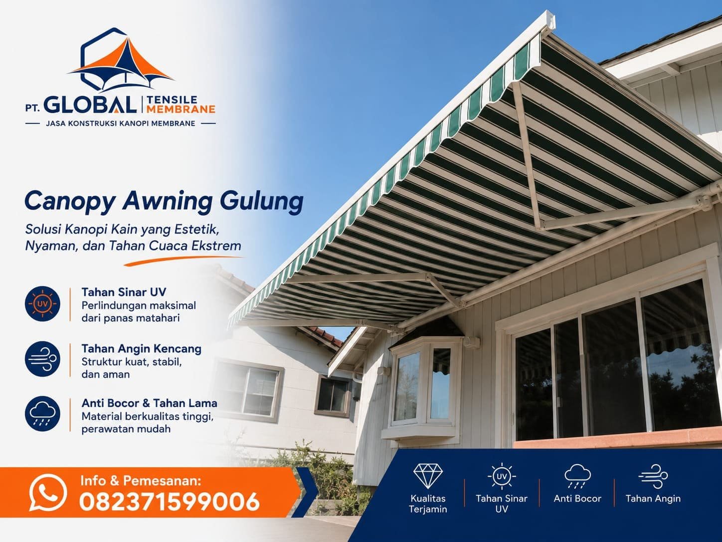 Awning gulung praktis buka-tutup manual