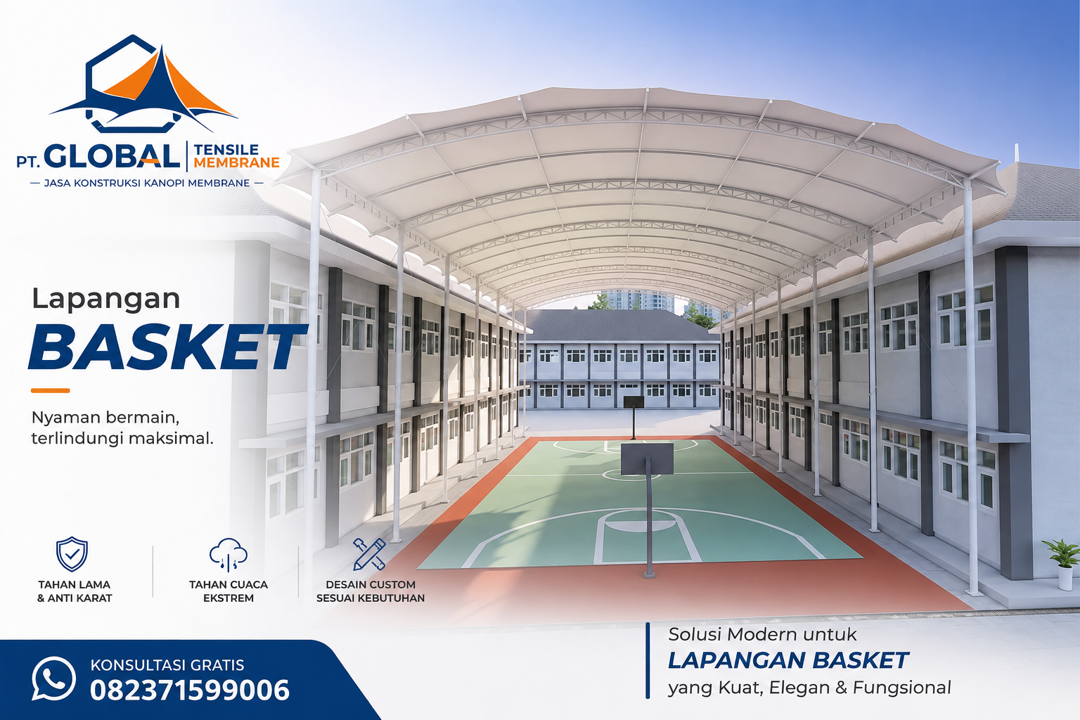 Atap lapangan basket bentang lebar tanpa tiang